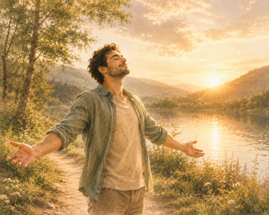 Un homme qui respire avec un sentiment de paix. 
Un soleil levant derrière les montagnes, une rivière entre l'homme et les montagnes. L'homme marche sur le chemin et prend un moment pour profiter de l'instant. 